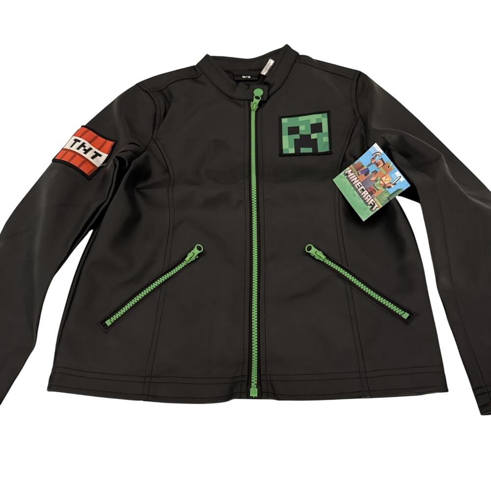 Minecraft Boys Faux Leather Jacket Size 10/12 Dark Black With Green Details